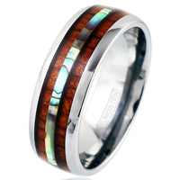 The Shoreline tungsten band with abalone and koa wood