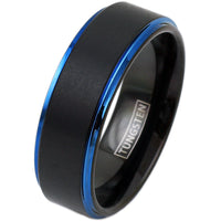 The Drifter - Two-Tone Black Tungsten Band with Blue Stepped Edges