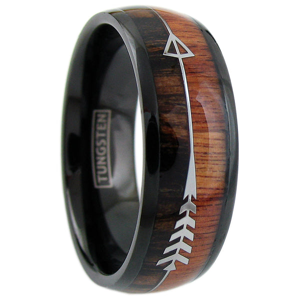 The Apache 8mm black tungsten dome with koa wood and arrow