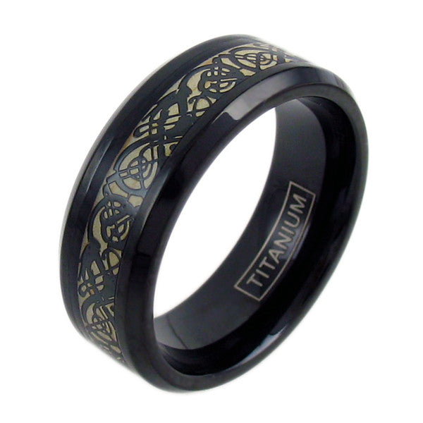 The Dragon - Black Titanium Ring with Celtic Dragon on Cappuccino Band