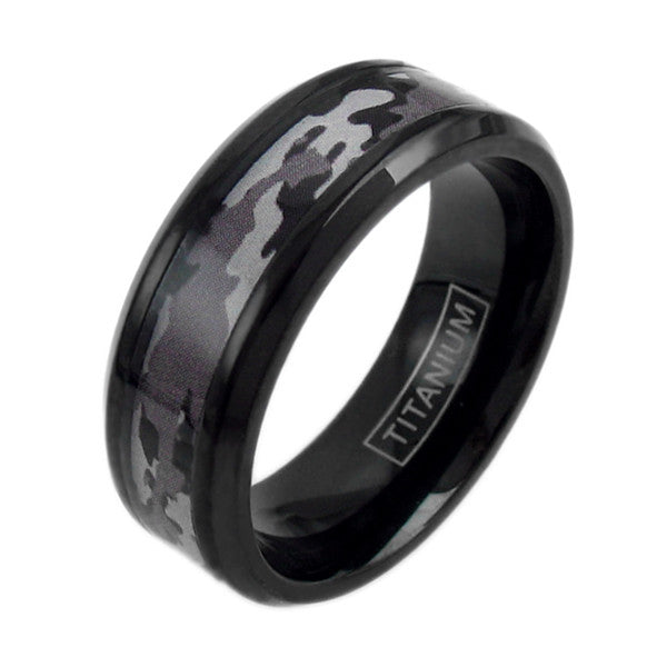 The Predator - Black Titanium Ring with Gray Purple Camo Inlay