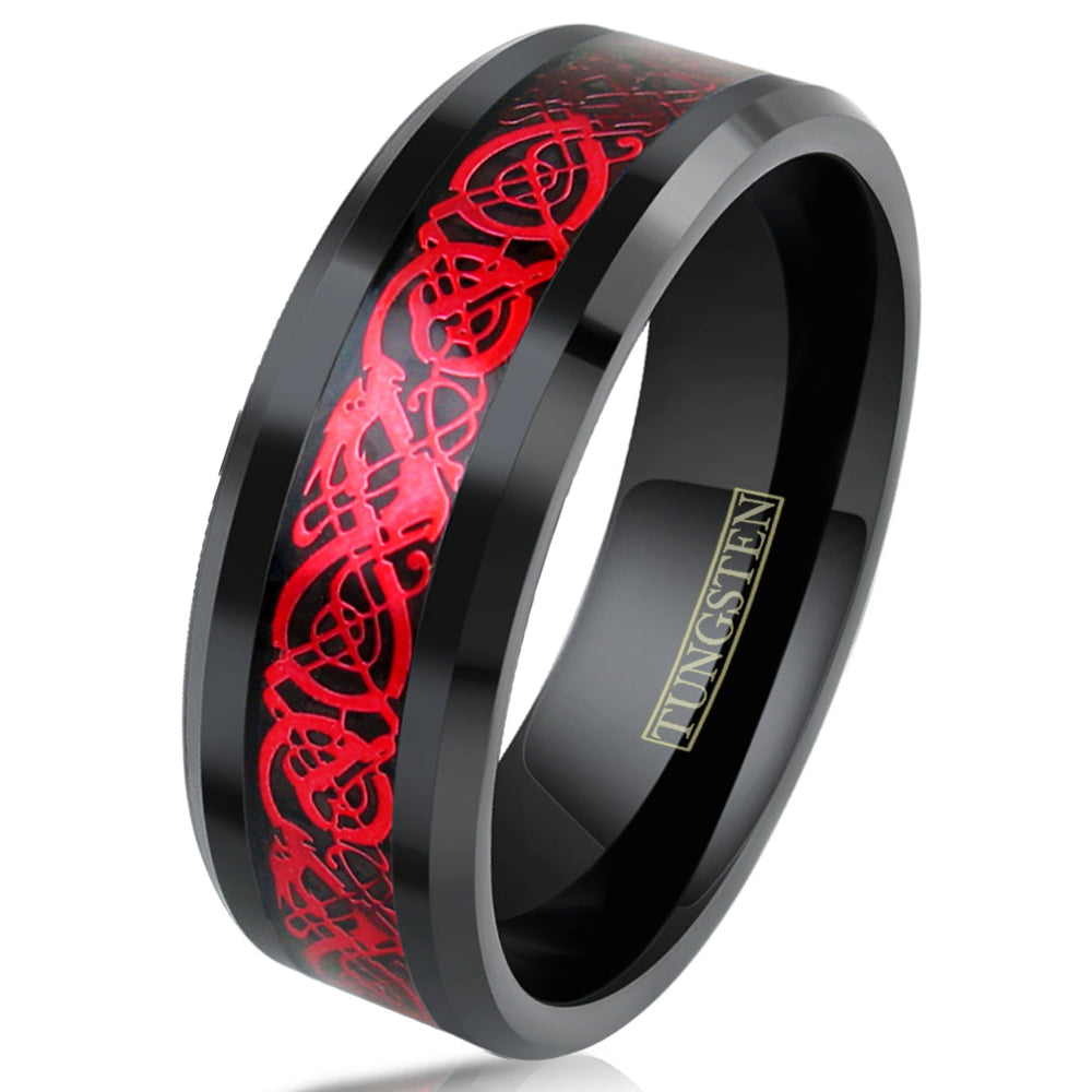 The Dragon - Black Tungsten with Ruby Red Celtic Dragon Inlay