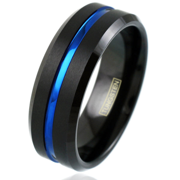 The Marshal - Black Tungsten Band with Cobalt Blue Stripe