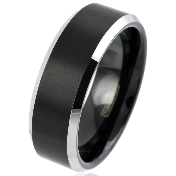 The Wrangler - Black Tungsten Band with Silver Chamfered Edges