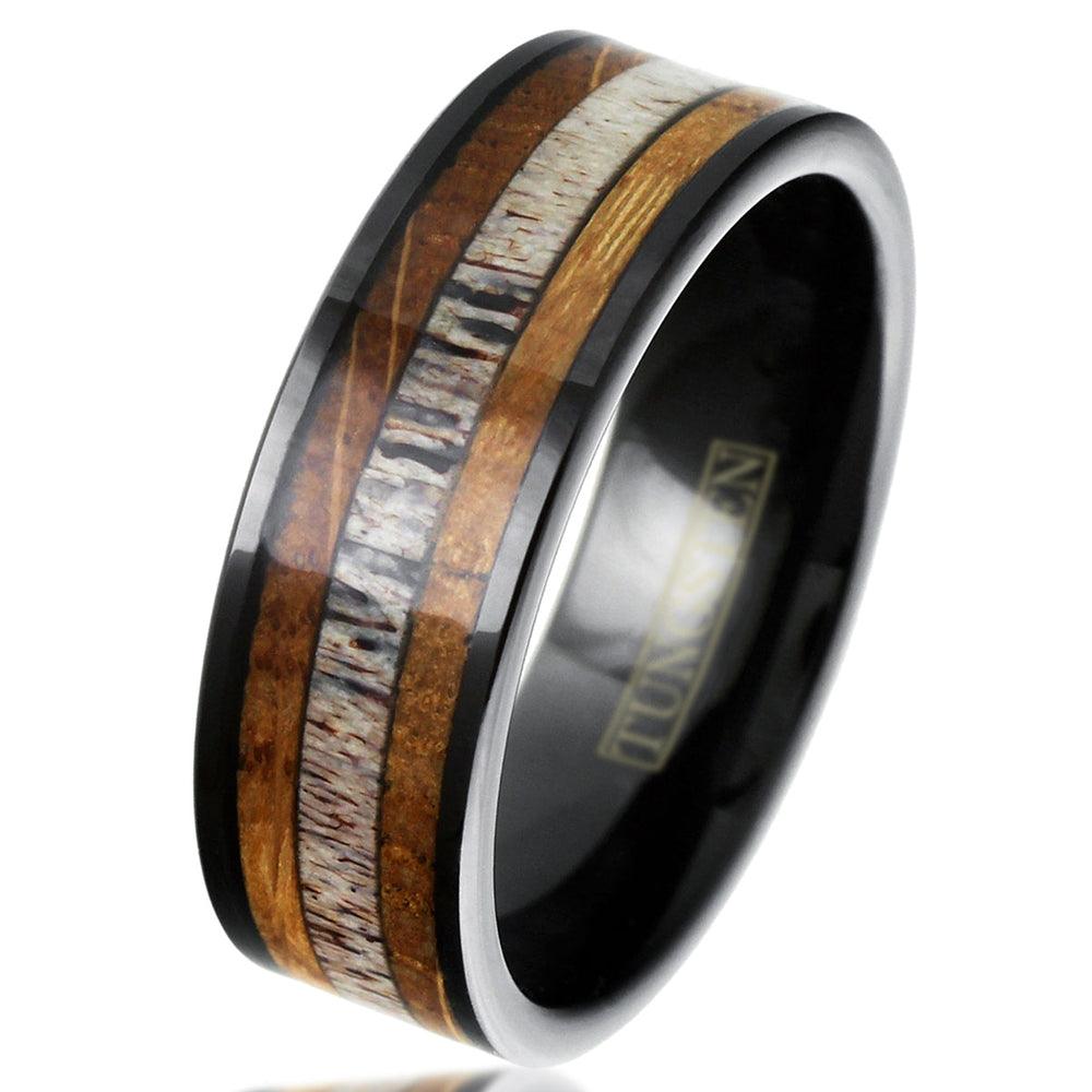 The Trapper - Black Tungsten Band with Deer Antler and Whiskey Barrel Oak